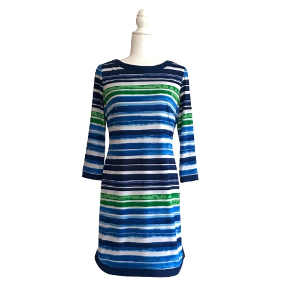 Vince Camuto Dress Blue Green White Striped 3/4 Sleeve Lined Shift Dress Size 6